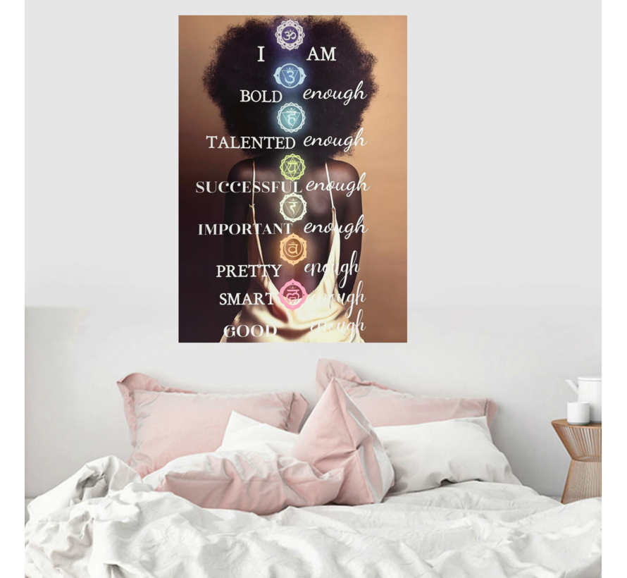 Allernieuwste.nl® Canvas Schilderij Vrouw met Chakra’s – 50 x 70 cm – Inspirerende Affirmaties voor Zelfwaarde en Persoonlijke Groei – Wanddecoratie – Muurdecoratie