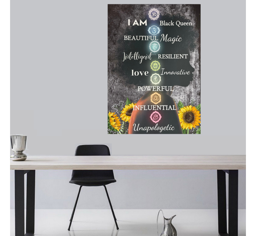 Allernieuwste.nl® Canvas Schilderij Black Queen met Chakra’s – 50 x 70 cm – Inspirerende Affirmaties voor Zelfwaarde en Persoonlijke Groei – Wanddecoratie – Muurdecoratie