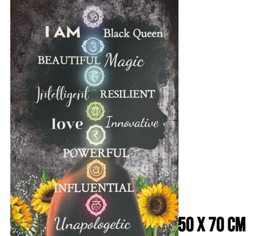 Allernieuwste.nl Allernieuwste.nl® Canvas Schilderij Black Queen met Chakra’s – 50 x 70 cm – Inspirerende Affirmaties voor Zelfwaarde en Persoonlijke Groei – Wanddecoratie – Muurdecoratie