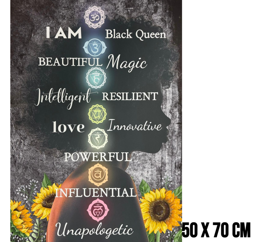 Allernieuwste.nl® Canvas Schilderij Black Queen met Chakra’s – 50 x 70 cm – Inspirerende Affirmaties voor Zelfwaarde en Persoonlijke Groei – Wanddecoratie – Muurdecoratie