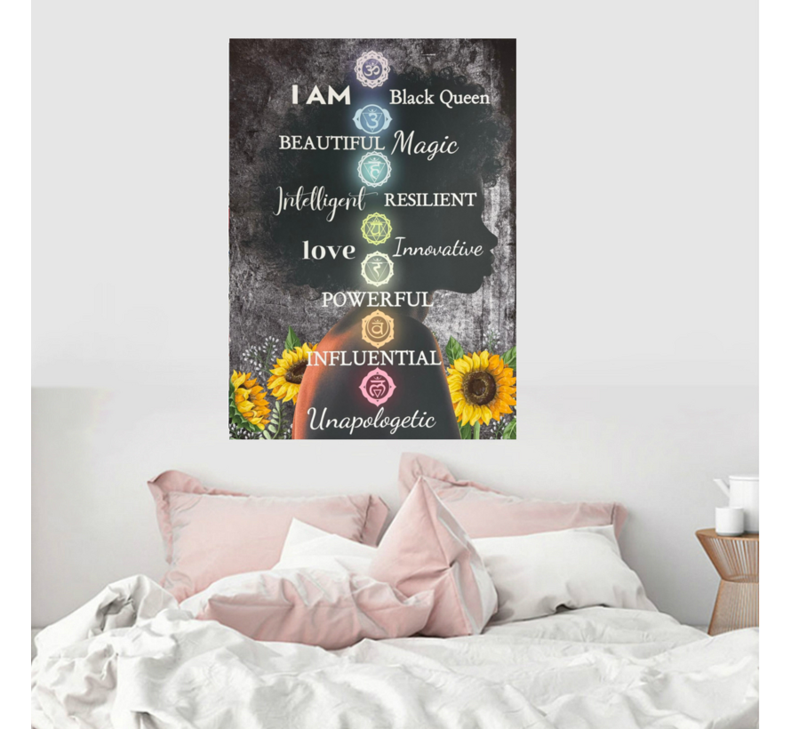 Allernieuwste.nl® Canvas Schilderij Black Queen met Chakra’s – 50 x 70 cm – Inspirerende Affirmaties voor Zelfwaarde en Persoonlijke Groei – Wanddecoratie – Muurdecoratie