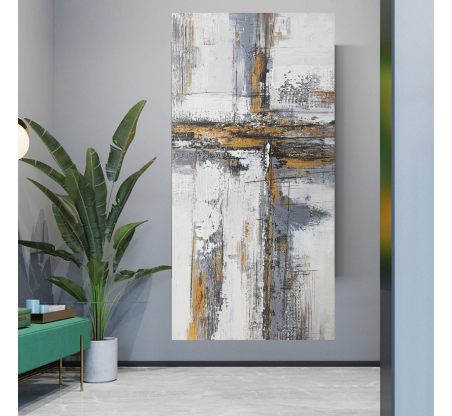 Allernieuwste.nl® Canvas Schilderij Abstracte kunst Grijs, Wit & Goud - 50 x 100 cm – Moderne Muurdecoratie - Wanddecoratie