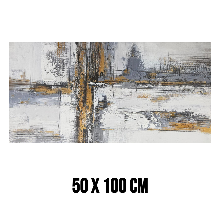 Allernieuwste.nl® Canvas Schilderij Abstracte kunst Grijs, Wit & Goud - 50 x 100 cm – Moderne Muurdecoratie - Wanddecoratie