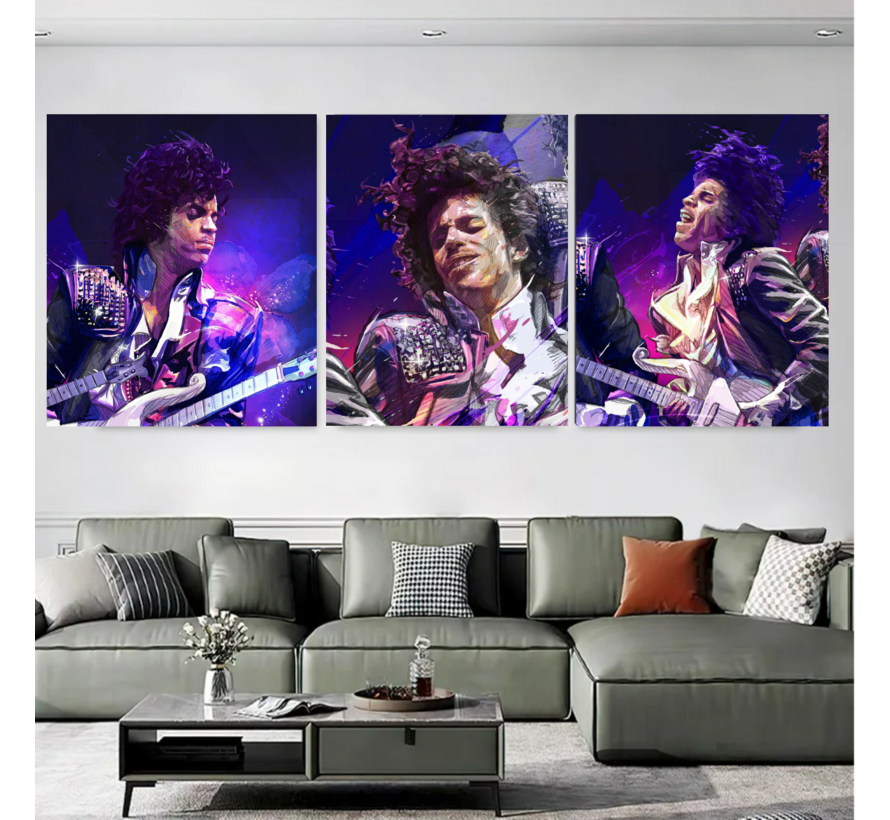 Allernieuwste.nl® Canvas Schilderij 3-Luik Prince Purple Rain – 3st 30 x 40 cm – Muziek Legende Muurdecoratie - Wanddecoratie