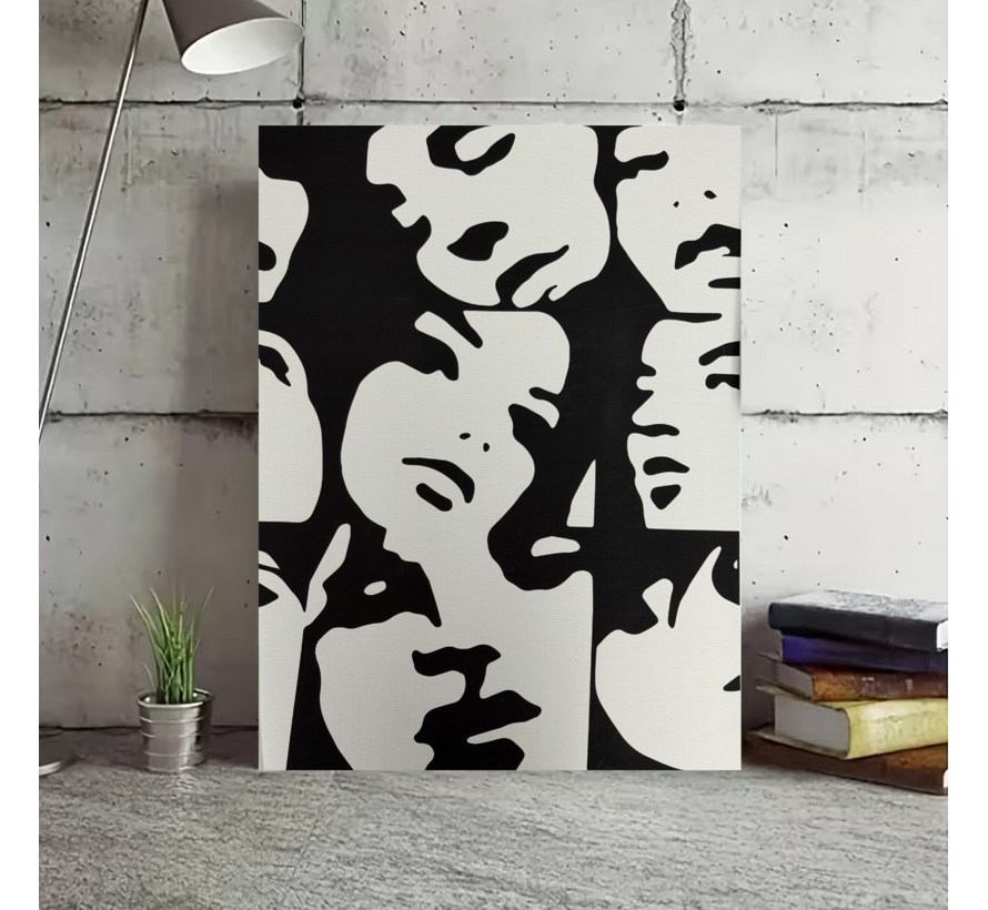 Allernieuwste.nl® Canvas Schilderij Abstract Pop-Art Gezicht Silhouetten Zwart Crème – 30 x 40 cm – Moderne Pop Art Muurdecoratie – Wanddecoratie – Minimalistisch