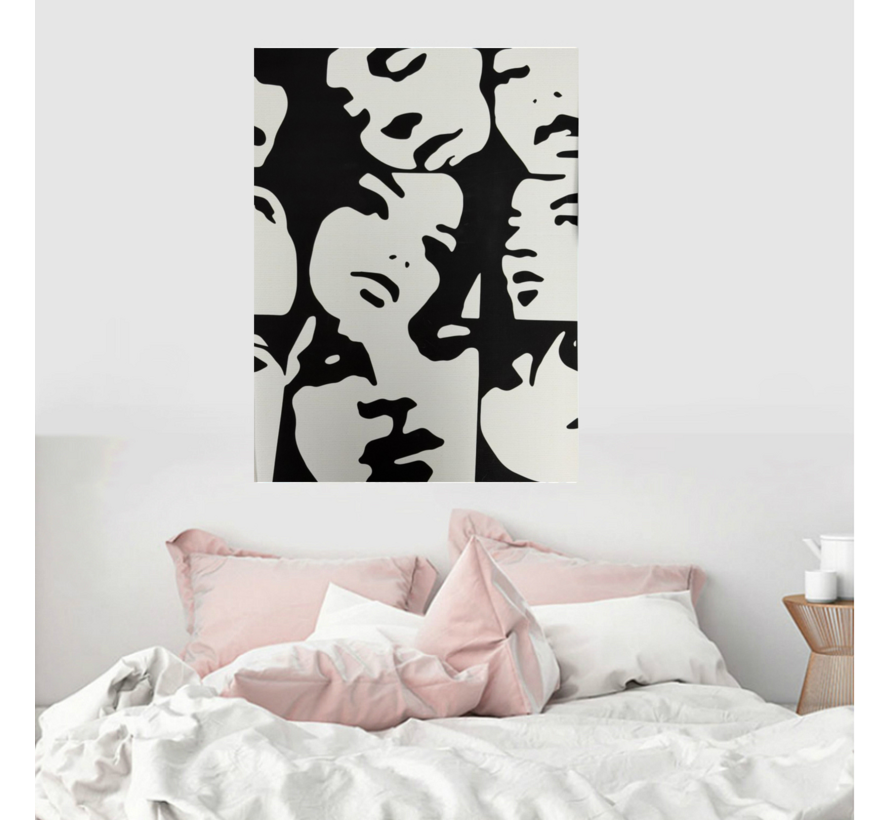 Allernieuwste.nl® Canvas Schilderij Abstract Pop-Art Gezicht Silhouetten Zwart Crème – 30 x 40 cm – Moderne Pop Art Muurdecoratie – Wanddecoratie – Minimalistisch