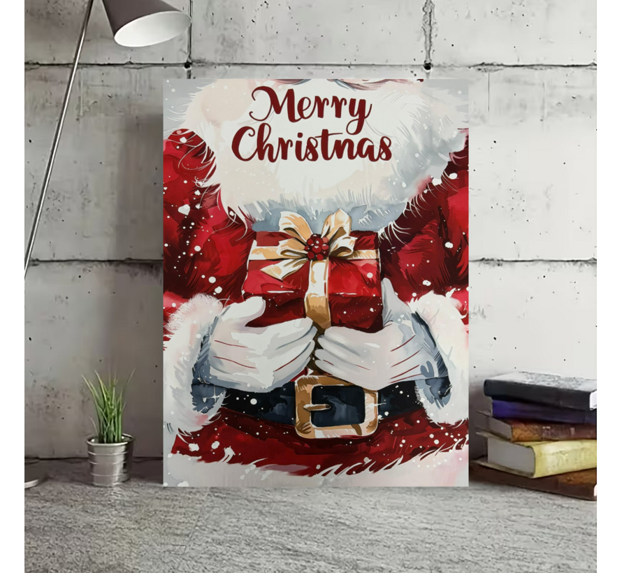 Allernieuwste.nl® Canvas Schilderij Kerstman met Cadeau "Merry Christmas" Tekst – 30 x 40 cm – Feestelijke Wanddecoratie – Kerstmis – Feestdagen - Muurdecoratie
