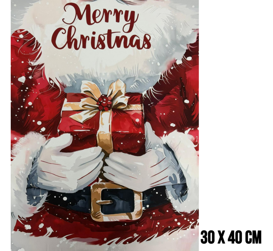 Allernieuwste.nl® Canvas Schilderij Kerstman met Cadeau "Merry Christmas" Tekst – 30 x 40 cm – Feestelijke Wanddecoratie – Kerstmis – Feestdagen - Muurdecoratie
