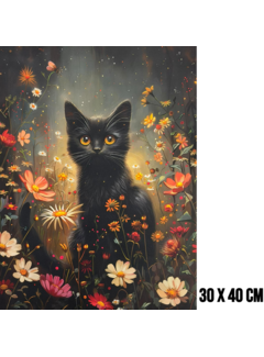 Allernieuwste.nl Canvas Schilderij Schattige Zwarte Kat Omringd met Bloemen – 30 x 40 cm
