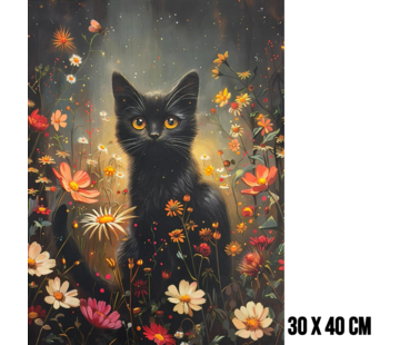 Allernieuwste.nl Canvas Schilderij Schattige Zwarte Kat Omringd met Bloemen – 30 x 40 cm