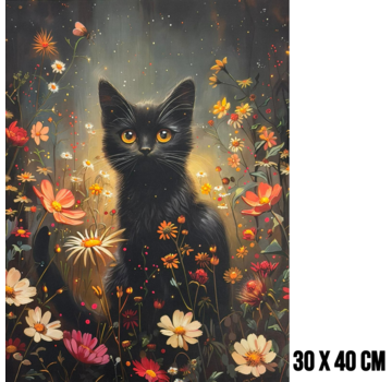Allernieuwste.nl Canvas Schilderij Schattige Zwarte Kat Omringd met Bloemen – 30 x 40 cm