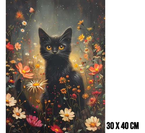 Allernieuwste.nl Allernieuwste.nl® Canvas Schilderij Schattige Zwarte Kat Omringd met Bloemen – 30 x 40 cm – Artistieke Bloemenprint voor Moderne en Rustieke Interieurs – Muurdecoratie – Wanddecoratie