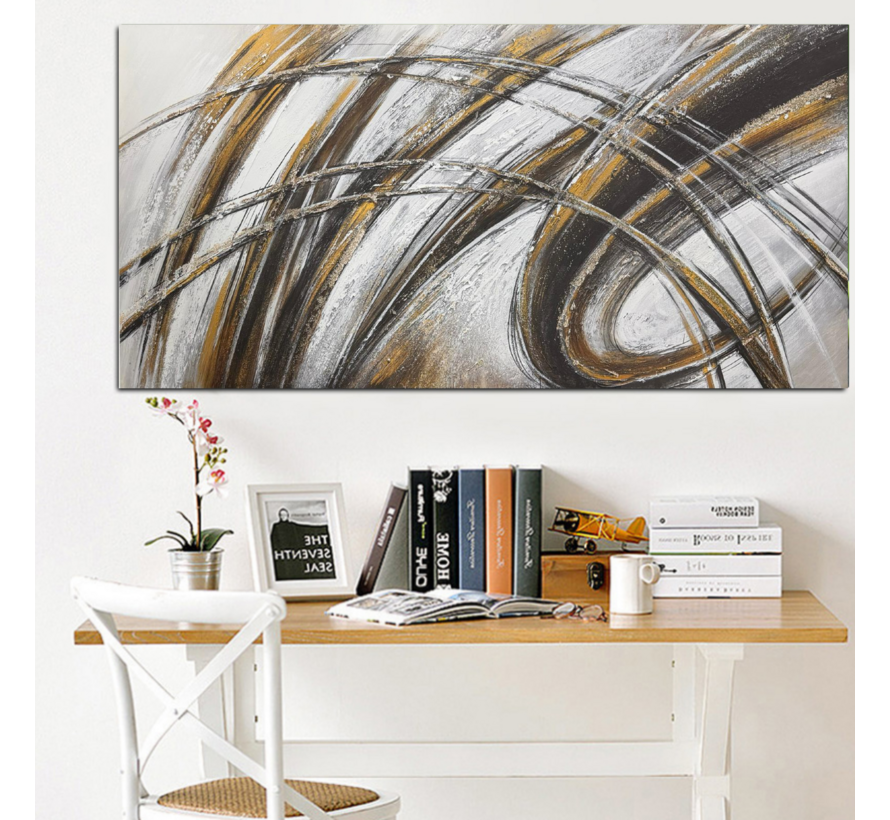 Allernieuwste.nl® Canvas Schilderij Abstracte Lijnen Zilver, Goud, Bruin en Zwart - 50 x 100 cm – Moderne Muurdecoratie - Wanddecoratie