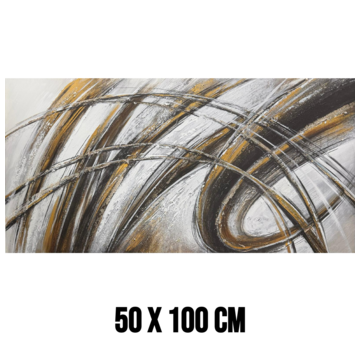 Allernieuwste.nl Canvas Schilderij Abstracte Lijnen Zilver, Goud, Bruin en Zwart - 50 x 100 cm