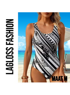 LaGloss Minimalistisch Dames Zwart Wit Badpak met Palmblad Print – Maat M