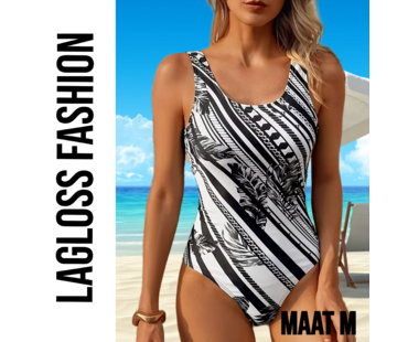 LaGloss Minimalistisch Dames Zwart Wit Badpak met Palmblad Print – Maat M