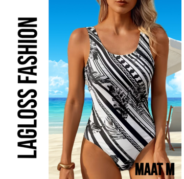 LaGloss Minimalistisch Dames Zwart Wit Badpak met Palmblad Print – Maat M