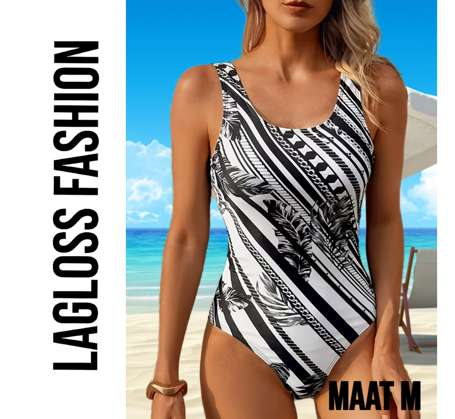 LaGloss® Minimalistisch Dames Zwart Wit Badpak met Palmblad Print - Vierkante Hals Zwart Wit Gestreept - Open Rug – Maat M