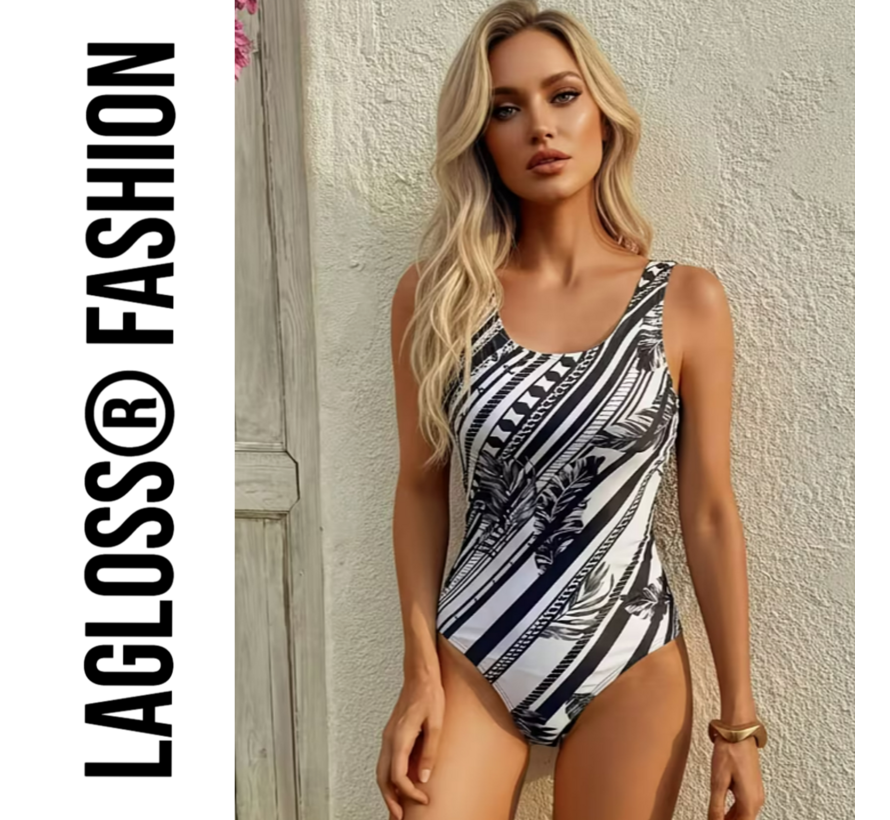 LaGloss® Minimalistisch Dames Zwart Wit Badpak met Palmblad Print - Vierkante Hals Zwart Wit Gestreept - Open Rug – Maat M