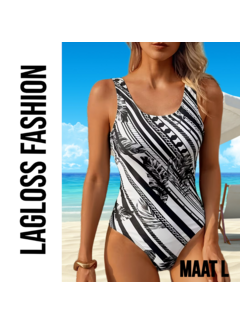 LaGloss Minimalistisch Dames Zwart Wit Badpak met Palmblad Print – Maat L