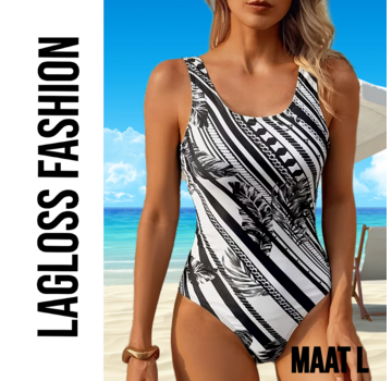 LaGloss Minimalistisch Dames Zwart Wit Badpak met Palmblad Print – Maat L