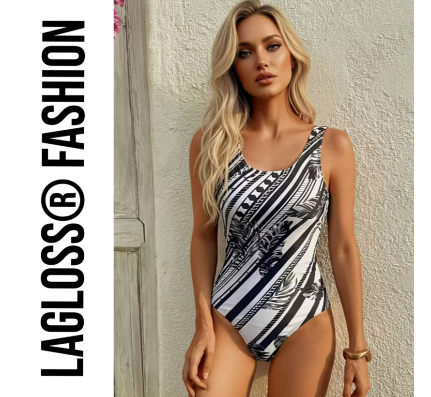 LaGloss® Minimalistisch Dames Zwart Wit Badpak met Palmblad Print - Vierkante Hals Zwart Wit Gestreept - Open Rug – Maat XXL