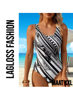 LaGloss Minimalistisch Dames Zwart Wit Badpak met Palmblad Print – Maat XXL