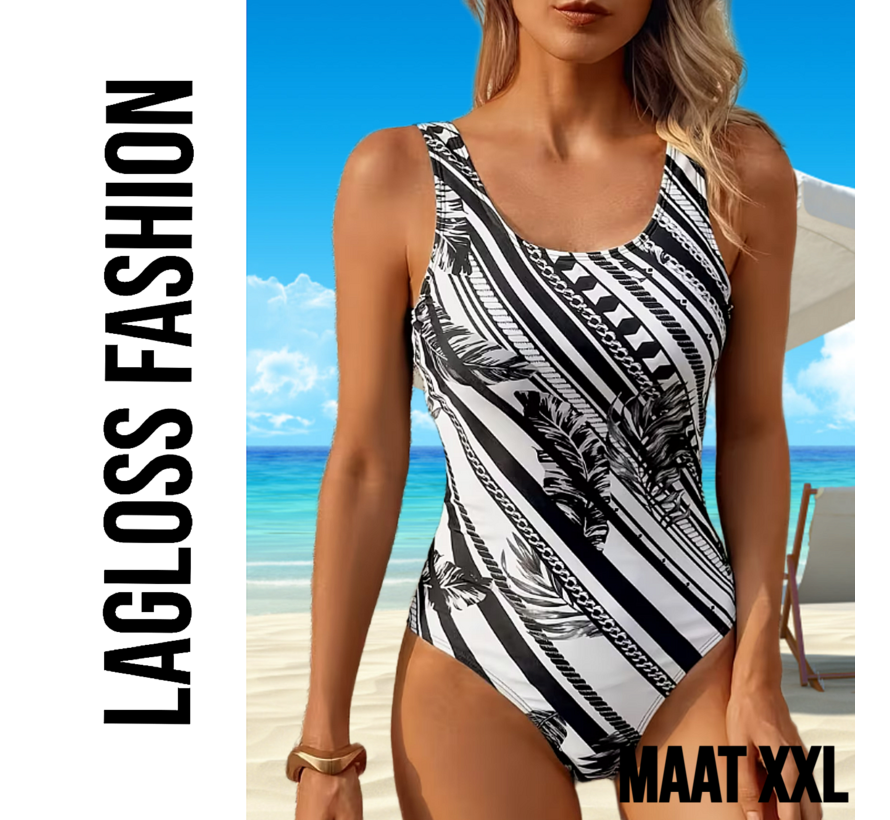 LaGloss® Minimalistisch Dames Zwart Wit Badpak met Palmblad Print - Vierkante Hals Zwart Wit Gestreept - Open Rug – Maat XXL