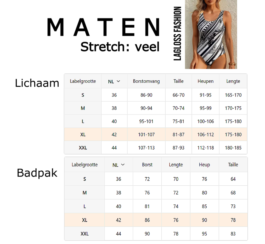 LaGloss® Minimalistisch Dames Zwart Wit Badpak met Palmblad Print - Vierkante Hals Zwart Wit Gestreept - Open Rug – Maat XL