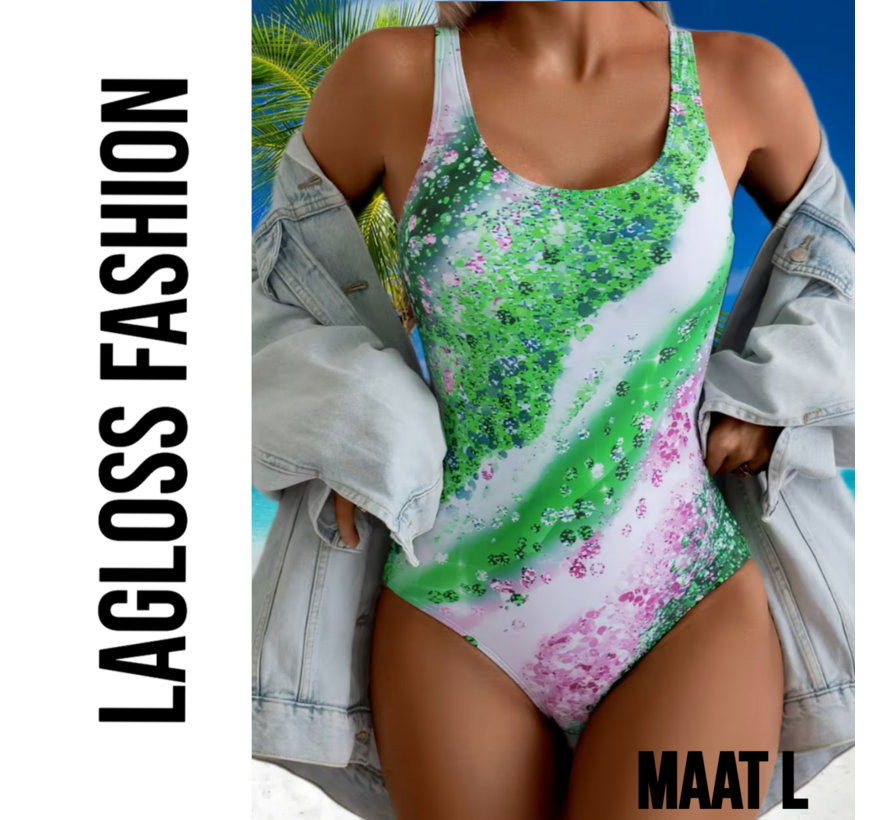 LaGloss® Ombre Groen Bloemenprint Dames Badpak - Vierkante Hals - Open Rug - Zomers – Strandmode – Beach fashion – Maat L