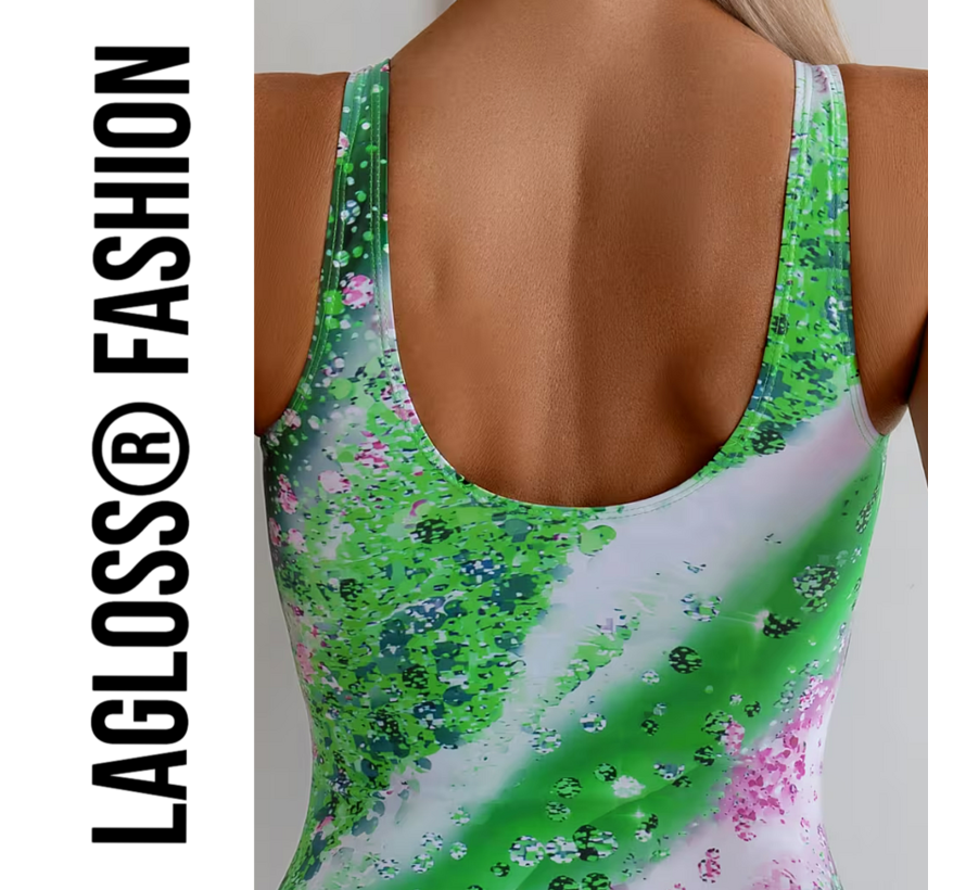 LaGloss® Ombre Groen Bloemenprint Dames Badpak - Vierkante Hals - Open Rug - Zomers – Strandmode – Beach fashion – Maat XL