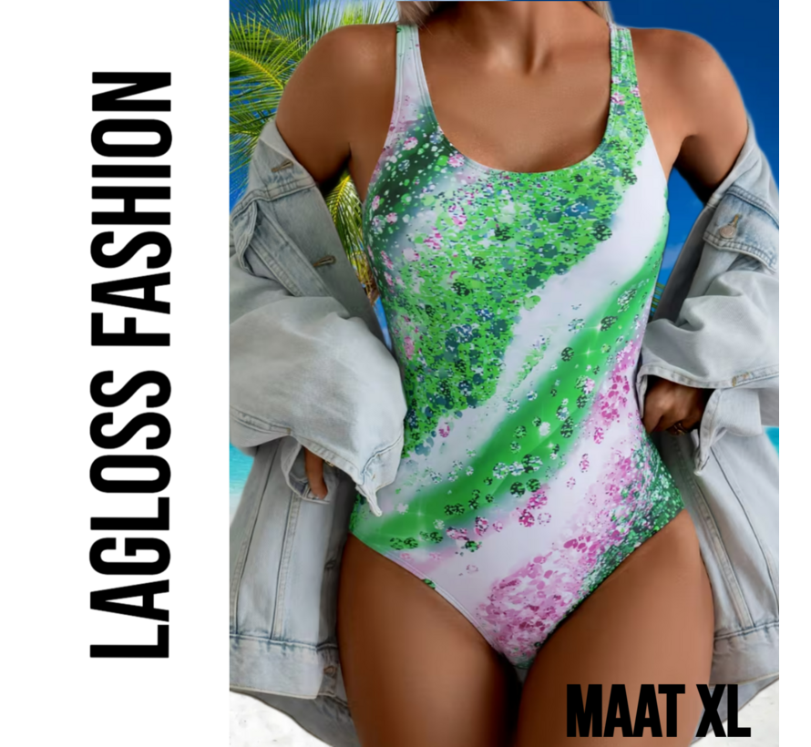 LaGloss® Ombre Groen Bloemenprint Dames Badpak - Vierkante Hals - Open Rug - Zomers – Strandmode – Beach fashion – Maat XL