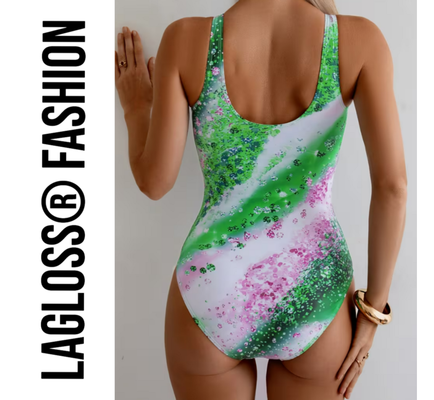 LaGloss® Ombre Groen Bloemenprint Dames Badpak - Vierkante Hals - Open Rug - Zomers – Strandmode – Beach fashion – Maat XXL