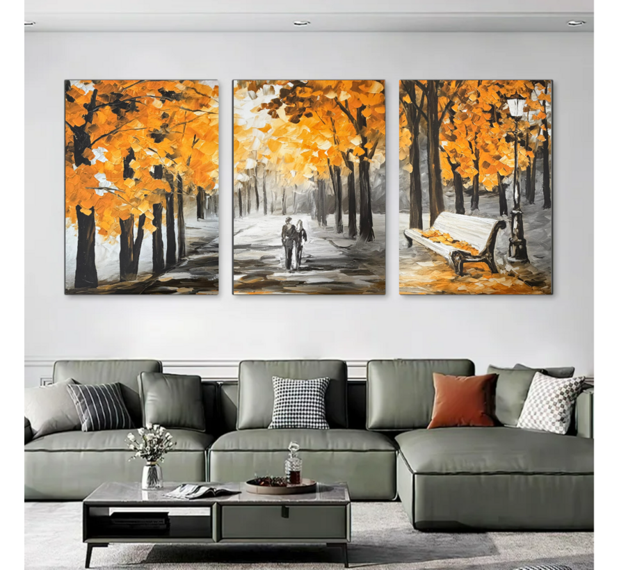 Allernieuwste.nl® Canvas Schilderij 3-Luik Herfst Landschap – 3st 40x60 cm - Abstract Wanddecoratie – Muurdecoratie  - Seizoen Herfst