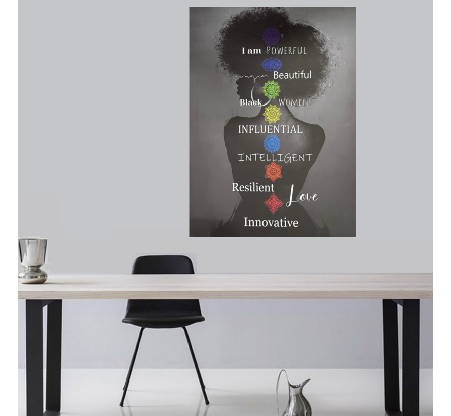 Allernieuwste.nl® Canvas Schilderij Krachtige Vrouw Chakra’s – 50 x 70 cm - Spirituele Wanddecoratie Zwart – Muurdecoratie - Inspirerende Affirmaties voor Zelfwaarde en Persoonlijke Groei