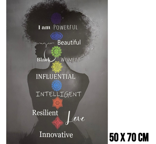 Allernieuwste.nl Allernieuwste.nl® Canvas Schilderij Krachtige Vrouw Chakra’s – 50 x 70 cm - Spirituele Wanddecoratie Zwart – Muurdecoratie - Inspirerende Affirmaties voor Zelfwaarde en Persoonlijke Groei