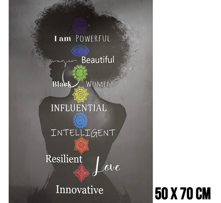 Allernieuwste.nl® Canvas Schilderij Krachtige Vrouw Chakra’s – 50 x 70 cm - Spirituele Wanddecoratie Zwart – Muurdecoratie - Inspirerende Affirmaties voor Zelfwaarde en Persoonlijke Groei