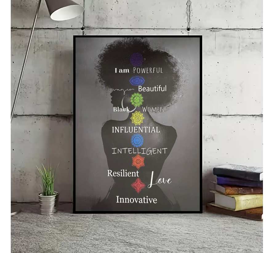 Allernieuwste.nl® Canvas Schilderij Krachtige Vrouw Chakra’s – 50 x 70 cm - Spirituele Wanddecoratie Zwart – Muurdecoratie - Inspirerende Affirmaties voor Zelfwaarde en Persoonlijke Groei