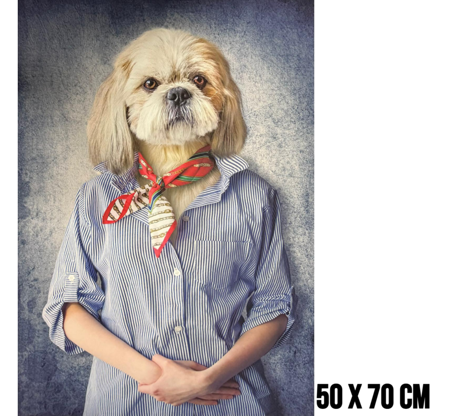 Allernieuwste.nl® Canvas Schilderij Mens met Hondenkop – 50 x 70 cm - Humoristisch Portret Wanddecoratie – Muurdecoratie – Grappig Dierenportret