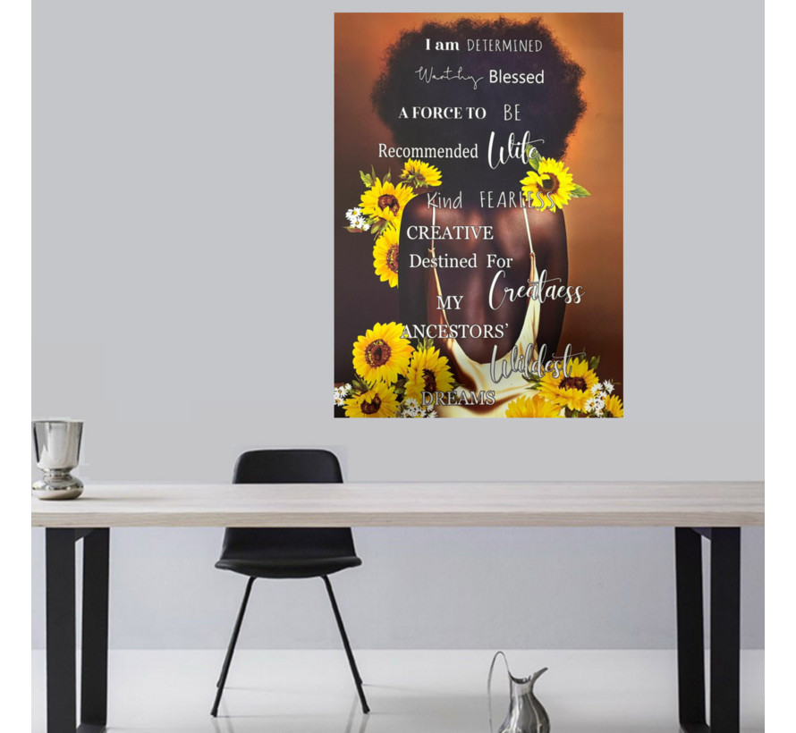 Allernieuwste.nl® Canvas Schilderij Vrouw met Positieve Affirmaties en Zonnebloemen – 50 x 70 cm – Wanddecoratie – Muurdecoratie