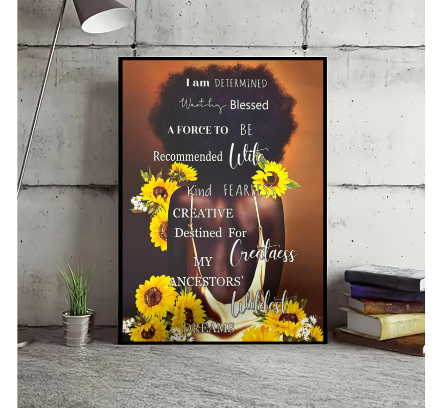 Allernieuwste.nl® Canvas Schilderij Vrouw met Positieve Affirmaties en Zonnebloemen – 50 x 70 cm – Wanddecoratie – Muurdecoratie