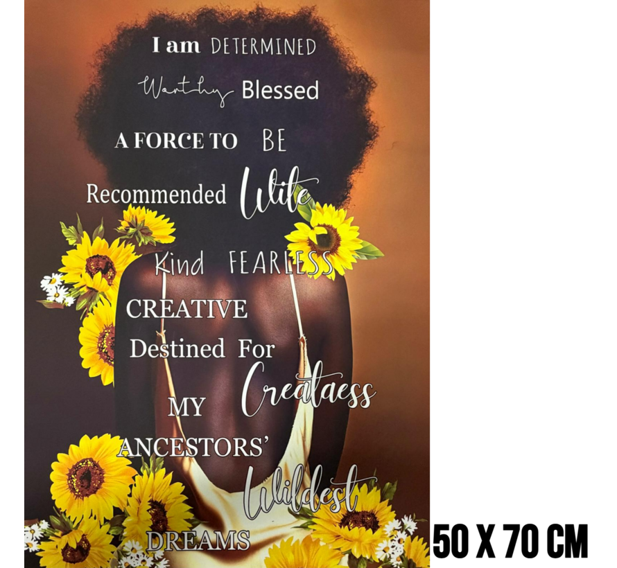 Allernieuwste.nl® Canvas Schilderij Vrouw met Positieve Affirmaties en Zonnebloemen – 50 x 70 cm – Wanddecoratie – Muurdecoratie