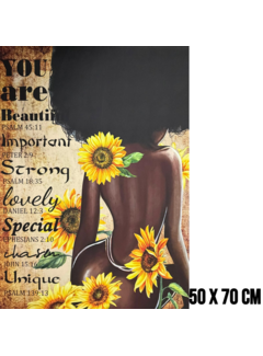 Allernieuwste.nl Canvas Schilderij Vrouw met Bijbelteksten en Zonnebloemen – 50 x 70 cm