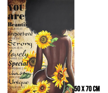 Allernieuwste.nl Canvas Schilderij Vrouw met Bijbelteksten en Zonnebloemen – 50 x 70 cm