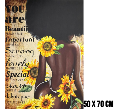 Allernieuwste.nl Allernieuwste.nl® Canvas Schilderij Vrouw met Bijbelteksten en Zonnebloemen – 50 x 70 cm - Christelijke Decoratie – Muurdecoratie – Wanddecoratie