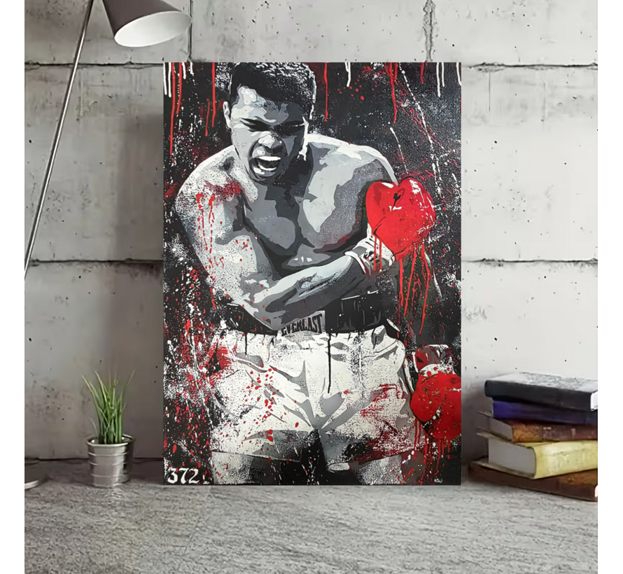 Allernieuwste.nl® Canvas Schilderij Bokser Muhammad Ali Zwart-Wit-Rood – 50 x 70 cm Bokser Portret Sport Wanddecoratie – Muurdecoratie – Wanddecoratie