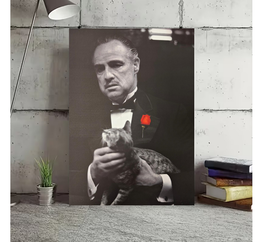 Allernieuwste.nl® Canvas Schilderij The Godfather Vito Corleone – 50 x 70 cm - Zwart Wit Rode Roos Film Wanddecoratie – Muurdecoratie