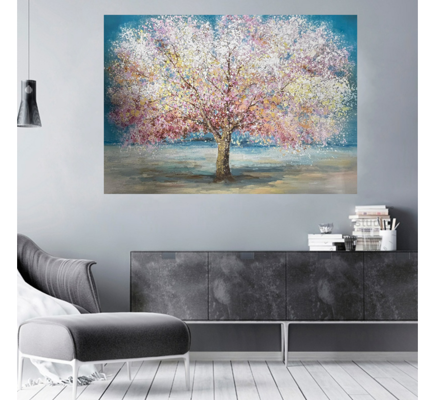 Allernieuwste.nl® Canvas Schilderij Abstracte Roze Boom Bloesemboom – 50 x 70 cm - Abstract Bloesem Wanddecoratie – Muurdecoratie