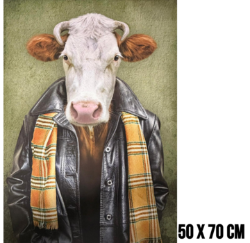 Allernieuwste.nl Canvas Schilderdij Vintage Antropomorfe Koe in Leren Jas – 50 x 70