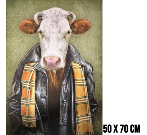 Allernieuwste.nl Allernieuwste.nl® Canvas Schilderdij Vintage Antropomorfe Koe in Leren Jas – 50 x 70 cm - Humor Dieren – Wanddecoratie – Muurdecoratie – Portret